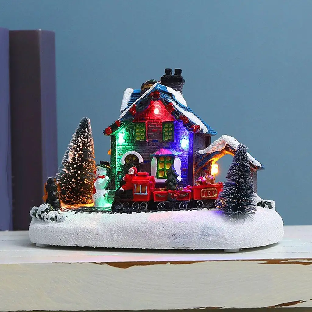 Christmas House Village Crafts Light Up Lighting Buildings Kids Train Resin Winter Xmas Figurines Indoor Room Sculpture Decor