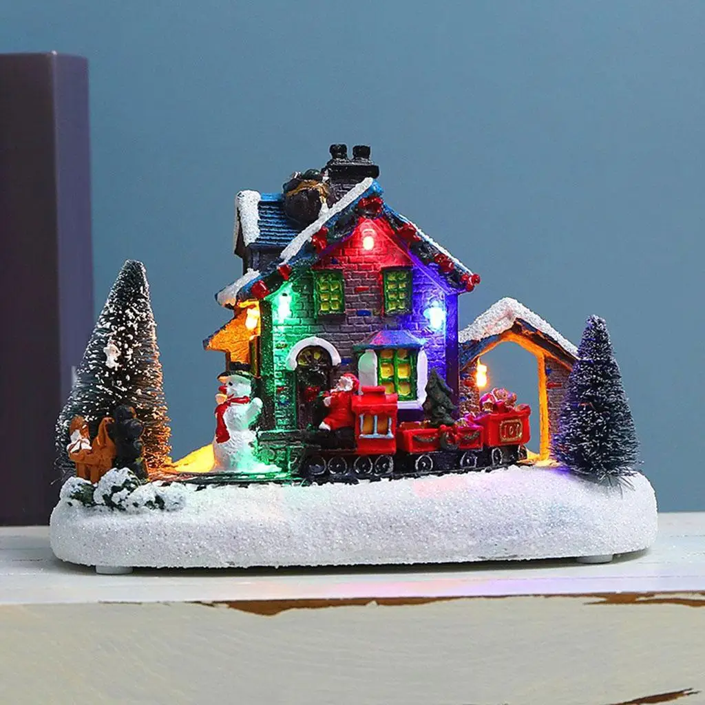 Christmas House Village Crafts Light Up Lighting Buildings Kids Train Resin Winter Xmas Figurines Indoor Room Sculpture Decor