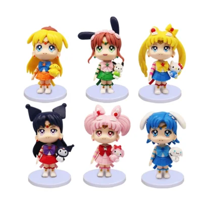 6 Pcs/Set Sailor Moon Chibiusa Anime 8-9cm Figure Pretty Soldier Girl Hold Kawaii Hello Kitty My Melody Kuromi Model Doll Toys 3