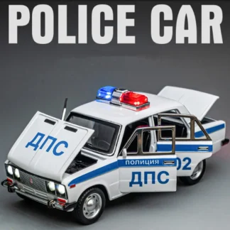 1:24 Lada Police Car Model Toys Alloy Diecast Mini Cars 6 Doors Opened Pull Back Sound Light Ornament Vehicles Children Presents 1