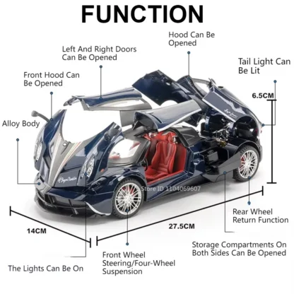 Large Size 1:18 Pagani Huayra Toy Model Car Diecast Alloy Sport Cars Sound Light Pull Back Shock Absorption Models Festival Gift 2