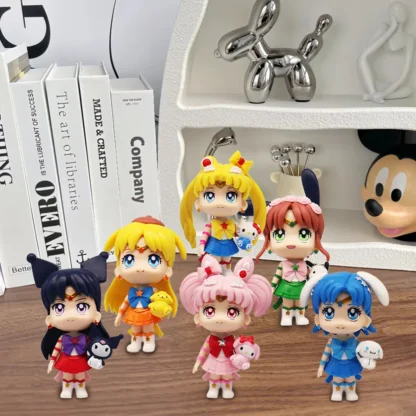 6 Pcs/Set Sailor Moon Chibiusa Anime 8-9cm Figure Pretty Soldier Girl Hold Kawaii Hello Kitty My Melody Kuromi Model Doll Toys 2