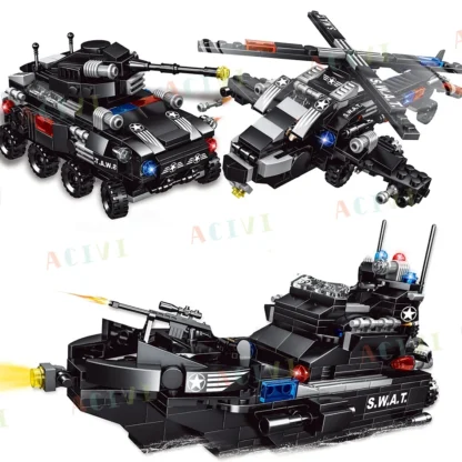 Military Tank SWAT Police Ship 8 IN 1 Building Blocks Set City Truck Brick with Policeman Construction Toys for Children Boy - Image 3