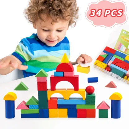 34 PCS Children's Geometric Wooden Toys DIY Castle Colored Wooden Building Blocks Early Educational Toys for kids