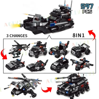 Military Tank SWAT Police Ship 8 IN 1 Building Blocks Set City Truck Brick with Policeman Construction Toys for Children Boy - Image 4