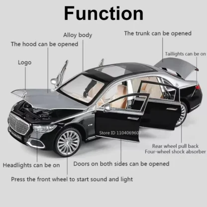 1:24 Maybach S680 Car Model Toy Doors Opened Sound Light Pull Back Diecast Metal Shock Absorption Models Boys Collection Gifts - Image 2