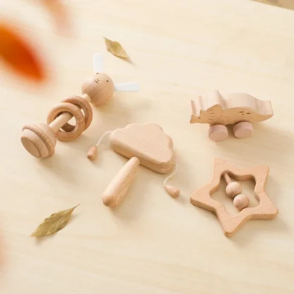 Montessori Wooden 4pc Toys Set Wooden Animal Rattle Learning Educational Baby Teether Toys 0 12 Months Creative Montessori Games