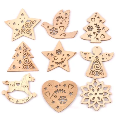 5pcs Mixed Christmas Tree Angel Star Natural Wooden Pendant With Hemp Rope Decoration DIY Handmade Crafts Xmas Home Gift m2557