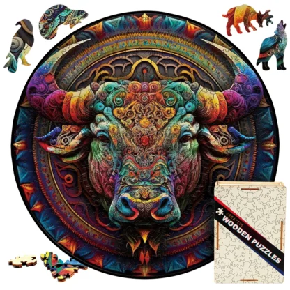 Wooden Puzzle Mandala Ox Toys For Animal Bull Jigsaw Puzzles Color Sorting Game 3D Wood Puzzle Best Gift For Adults And Kids