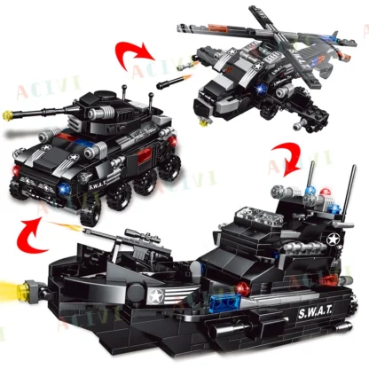 Military Tank SWAT Police Ship 8 IN 1 Building Blocks Set City Truck Brick with Policeman Construction Toys for Children Boy - Image 2