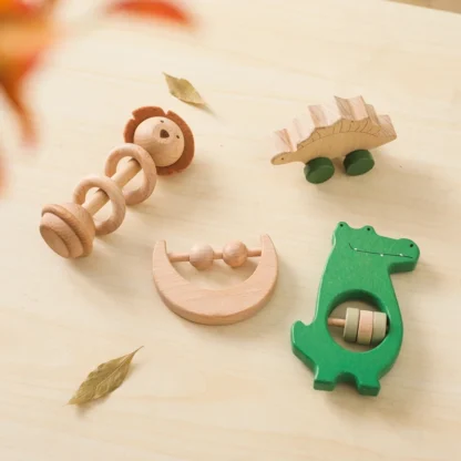 Montessori Wooden 4pc Toys Set Wooden Animal Rattle Learning Educational Baby Teether Toys 0 12 Months Creative Montessori Games - Image 2