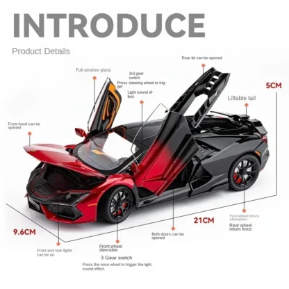 Simualtion 1:24 Lamborghini Revuelto Super Car Model with Sound Light Children Boy Diecast Toy Vehicle Collection Miniature - Image 5