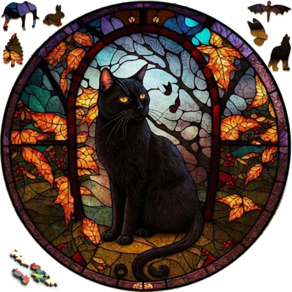 Mysterious Wooden Puzzle painted Black Cat Funny Toy Animal Wood Puzzles Smart Game Round Shaped Jigsaw Puzzle Best Gift For kid