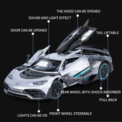 Scale 1:24 AMG ONE Sports Car Model Toy Modified Metal Diecast Free Wheeling Vehicles Simulation Sound & Light Gift for Children - Image 2