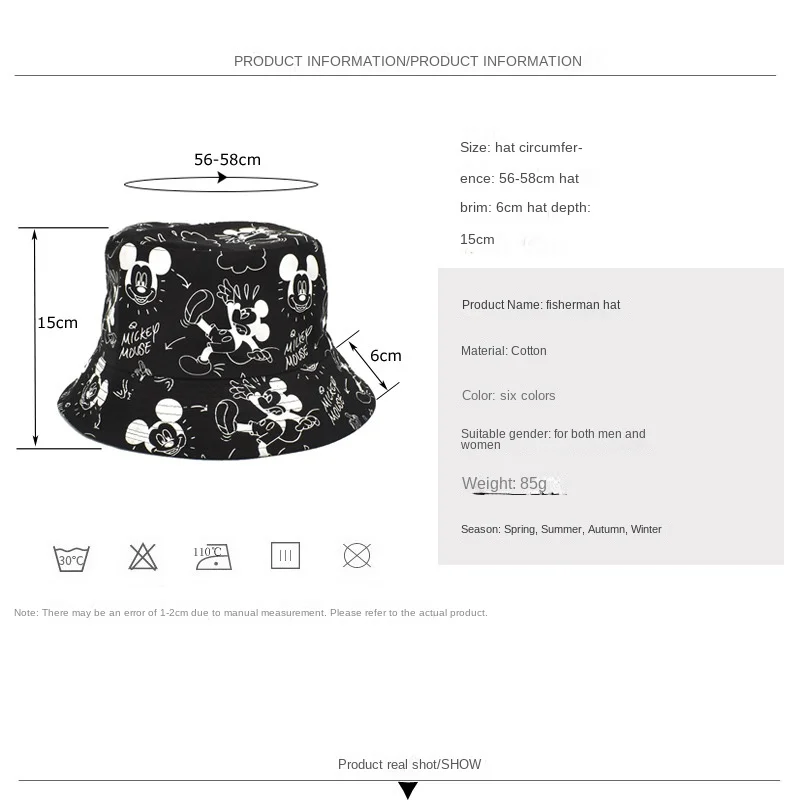 Disney Mickey 2024 New Fashion Hat Cartoon Cute Female Fisherman Hat Luxury Brand Double-sided Style Fashion Travel Sunshade Hat