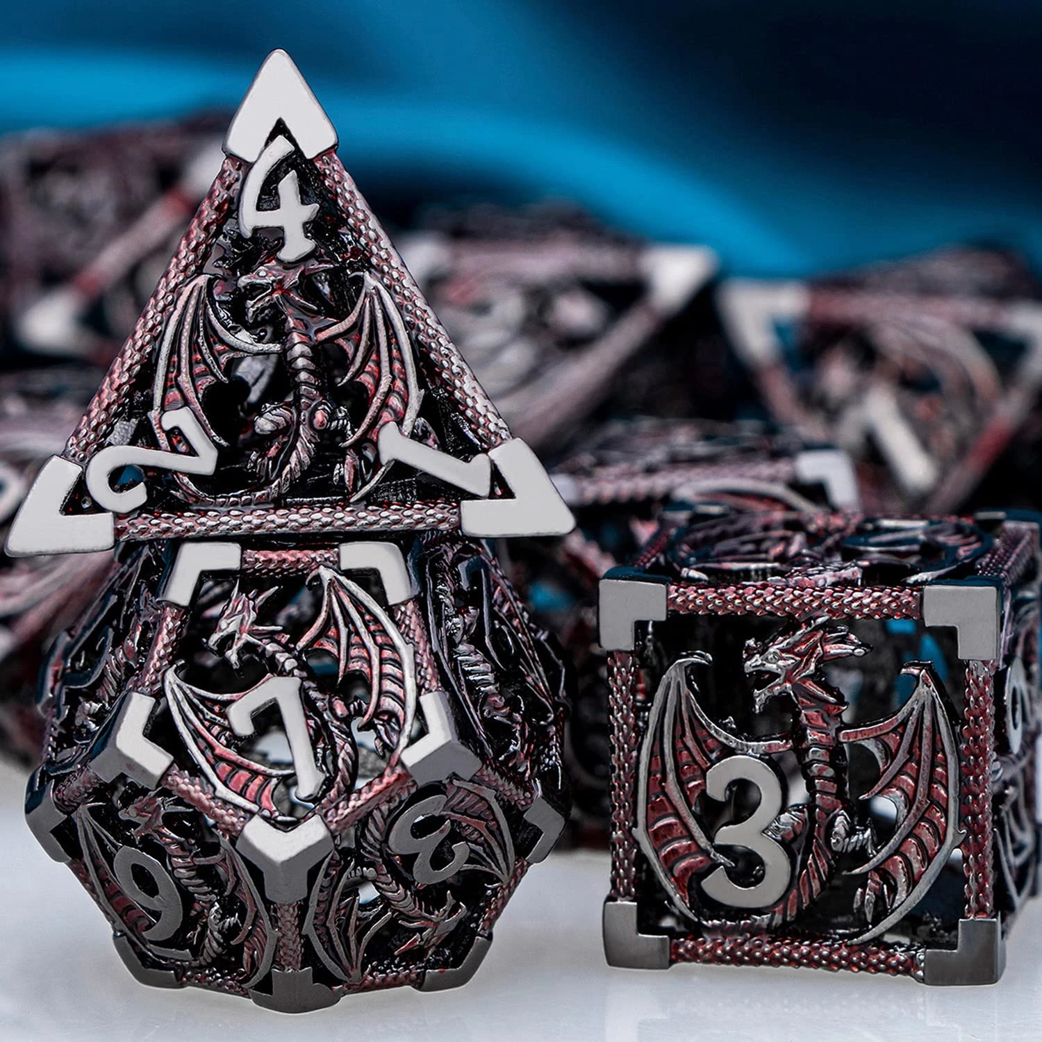 DND Metal Hollow Dragon Dice D and D D20 Dungeon and Dragon Table Role Playing Game Dice D+D D6 Polyhedral Dice RPG D&D Dice Set