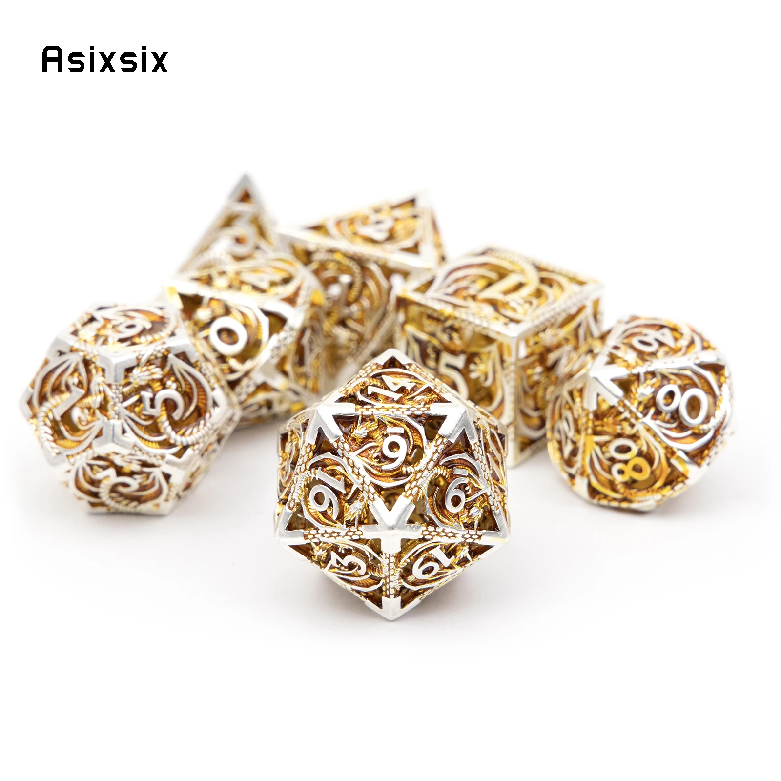 7 Pcs Golden White Dragon Metal Dice Dragon Hollow Metal Polyhedral Dice Set Suitable for Role-Playing RPG Board Game Card Game