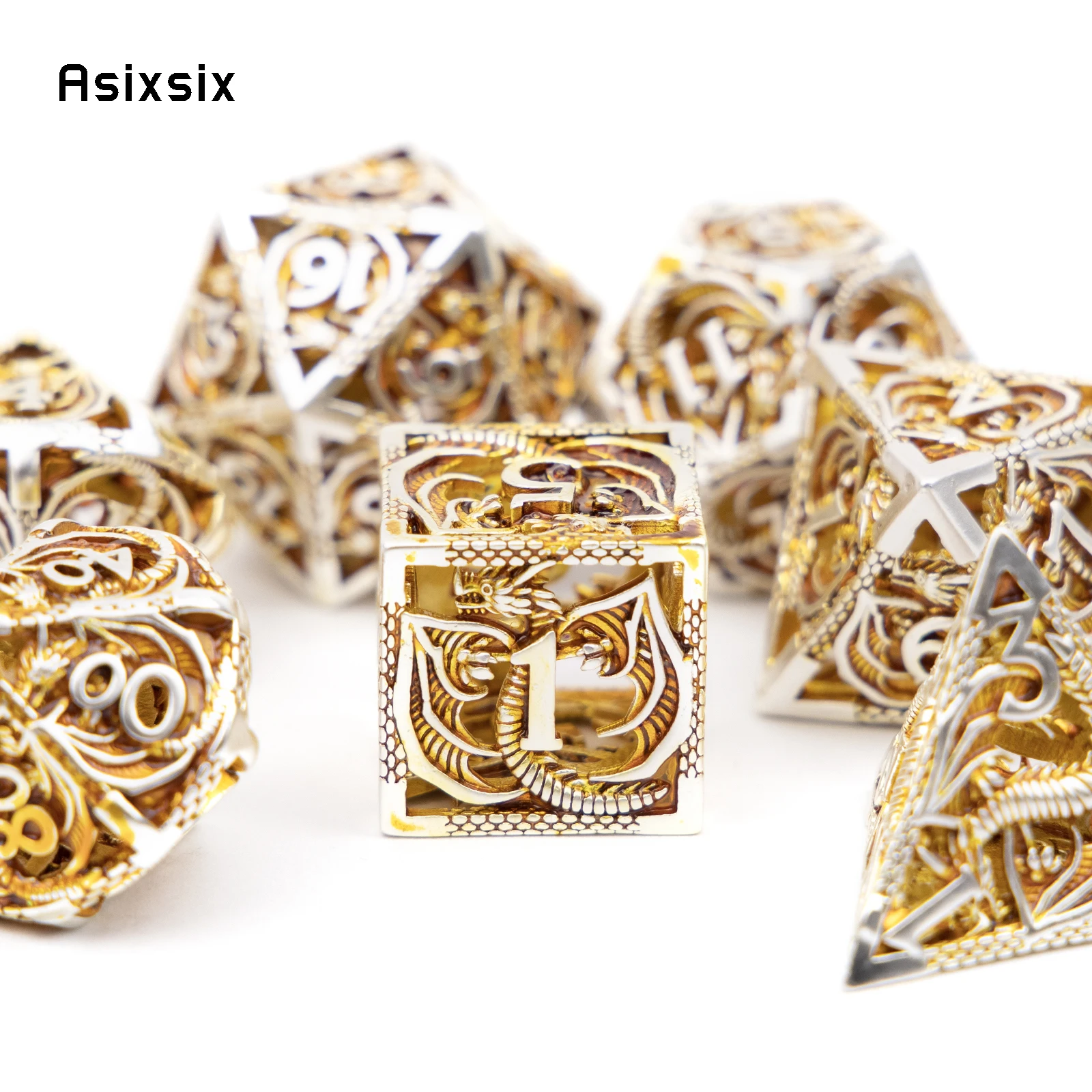 7 Pcs Golden White Dragon Metal Dice Dragon Hollow Metal Polyhedral Dice Set Suitable for Role-Playing RPG Board Game Card Game