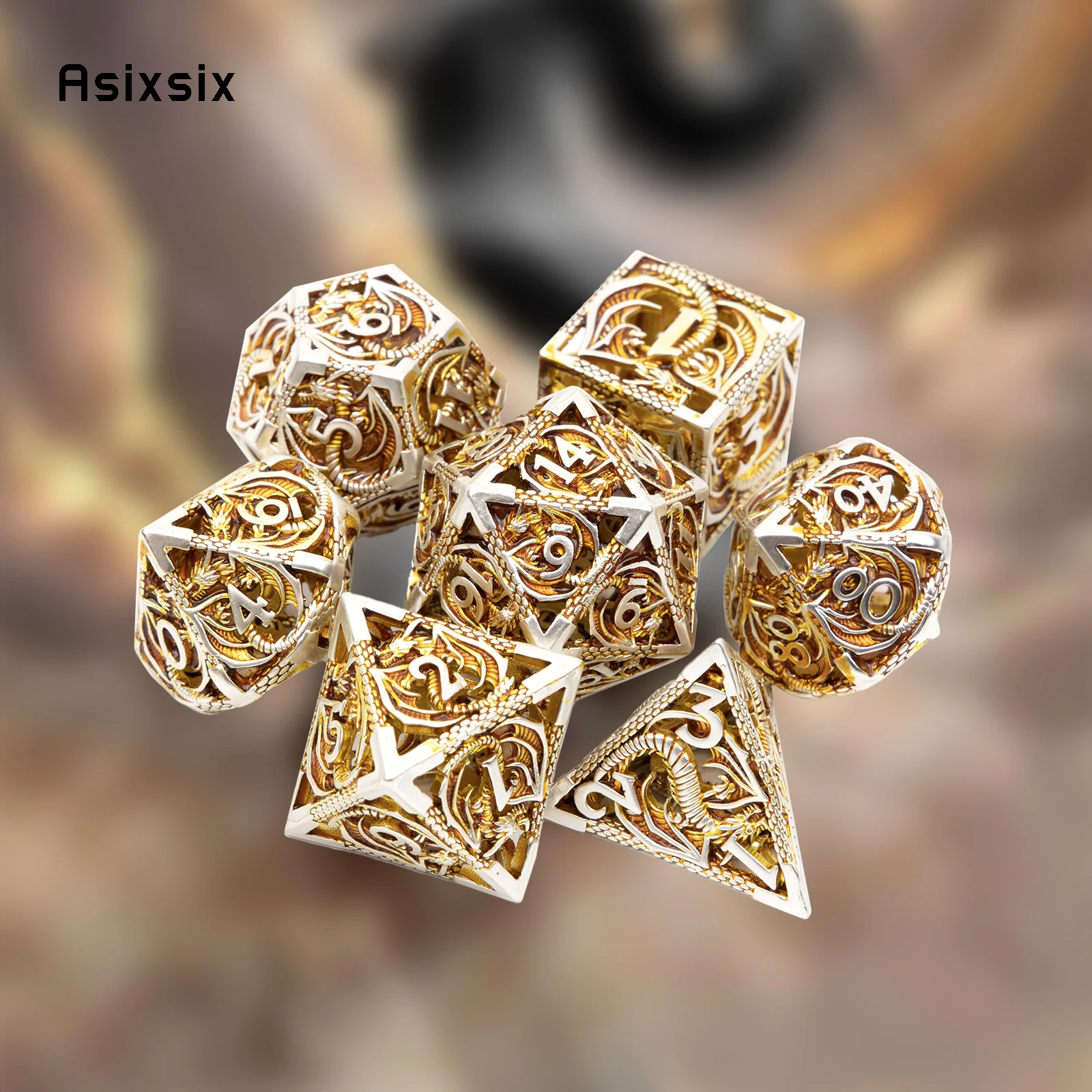 7 Pcs Golden White Dragon Metal Dice Dragon Hollow Metal Polyhedral Dice Set Suitable for Role-Playing RPG Board Game Card Game