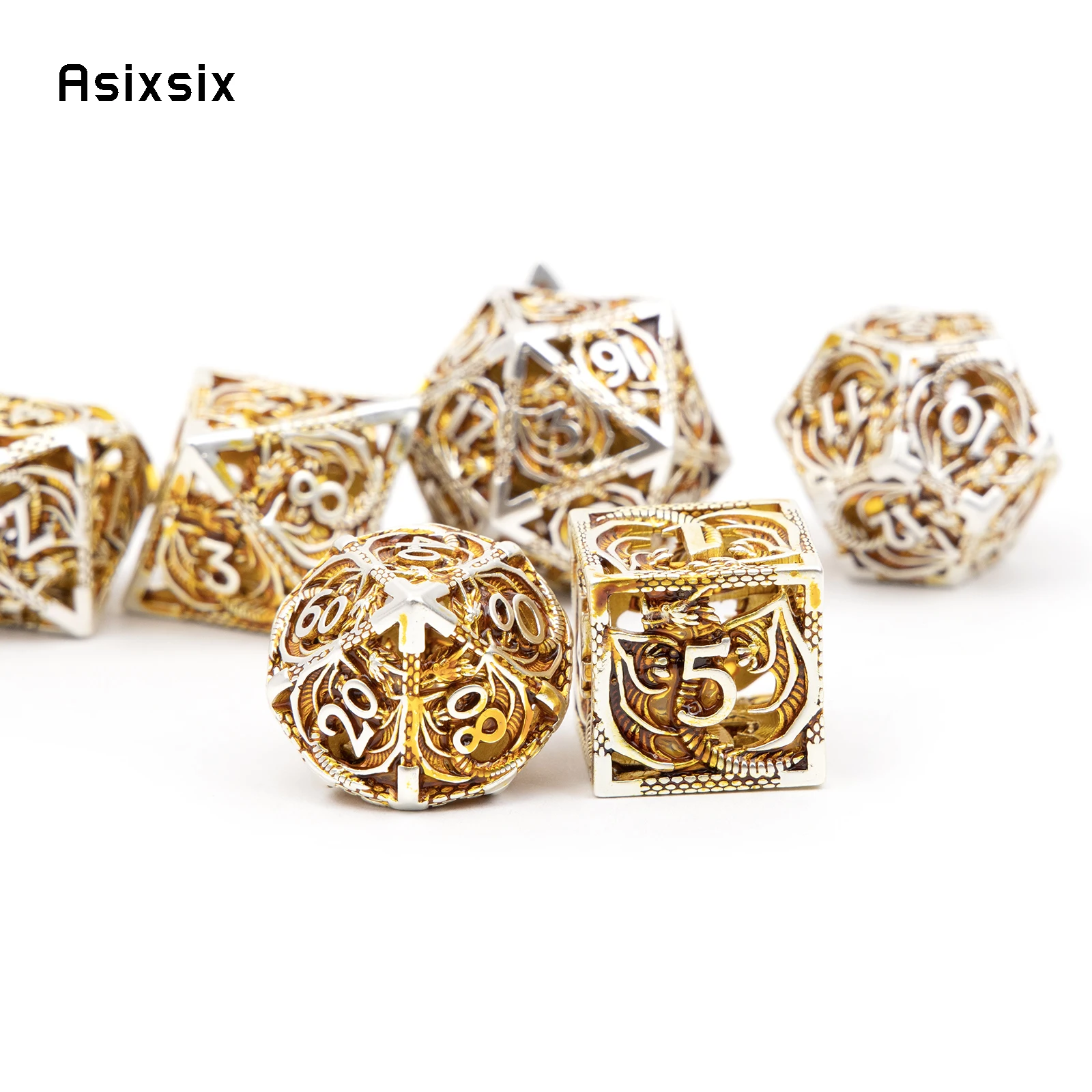 7 Pcs Golden White Dragon Metal Dice Dragon Hollow Metal Polyhedral Dice Set Suitable for Role-Playing RPG Board Game Card Game