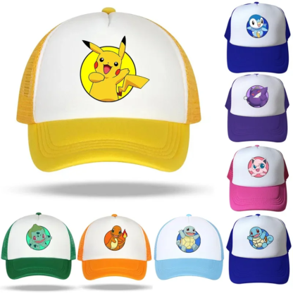 Pokemon Pikachu Kids Baseball Cap Charmander Bulbasaur Girl Peak Caps Cartoon Boy Squirtle Mesh Cap Parent-child Summer Sunhat